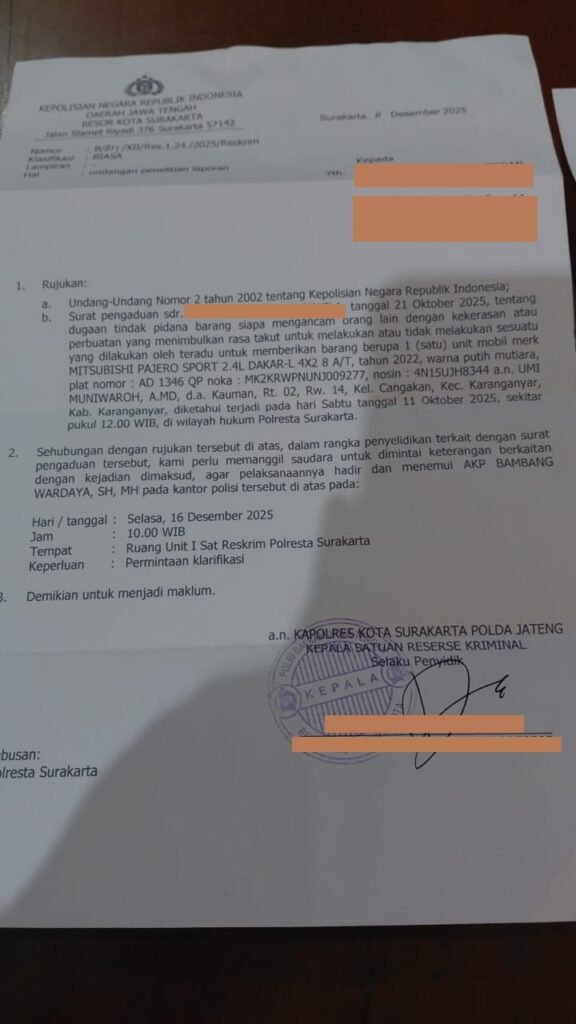 SURAT UNDANGAN PENELITIAN OLEH POLRESTA SURAKARTA TERKAIT ADUAN/LAPORAN KASUS DUGAAN PERAMPASAN MOBIL OLEH OKNUM DC